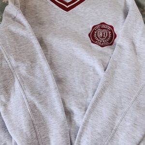 Sunday Gray V-Neck Sweater with Red Trim